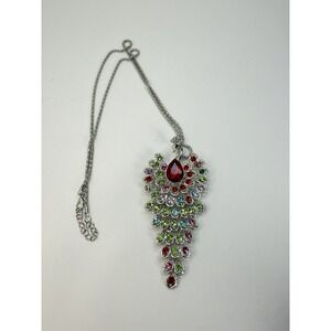 Peacock Rhinestone Large Pendant Necklace Multicolor Silver Tone Chain Statement